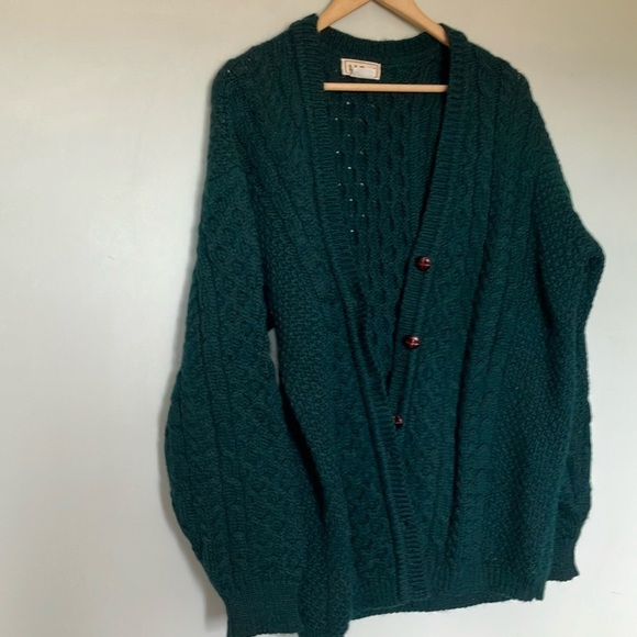 L.L. Bean Dark Forest Green Cable Knit Aran Fisherman Cardigan made in Ireland - Picture 2 of 6